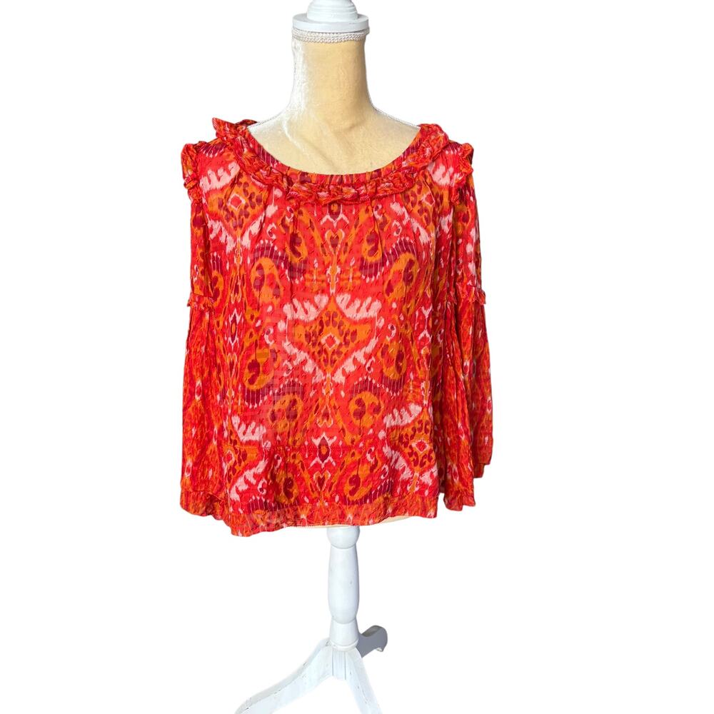 Tory Burch Orange Ikat Ruffle Blouse Top Size 12 Bergdorf Goodman Silk - Picture 10 of 15